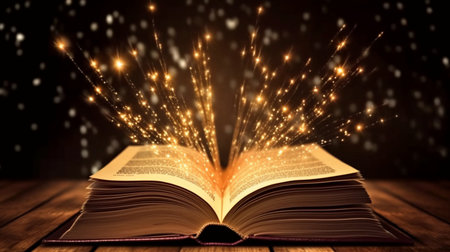 Open book on wooden deck with glowing lights and bokeh effect.Open golden holy bible book with glowing light on wooden background.の素材