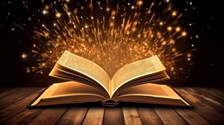 Open book on wooden deck with glittering rays and bokeh.Open golden holy bible book with glowing light on wooden background.の素材