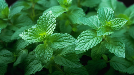 Pepper mint leaves close up. Mint growing in vegetable garden.の素材
