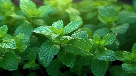 Pepper mint plant in the garden. Close up of mint leaves.の素材