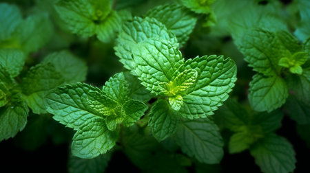 Peppermint leaves in the garden. Mint leaves close up.の素材