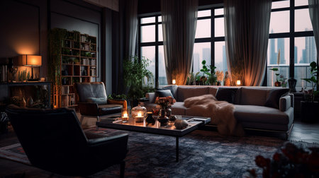 Interior of a cozy living room with a large window overlooking the city.の素材