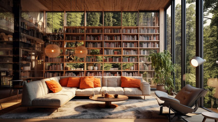 Interior of modern living room with bookshelf and sofa 3D rendering.の素材