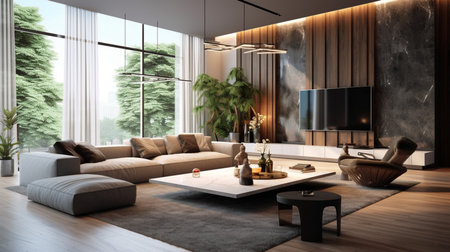 Modern living room bright interiors 3D rendering.の素材