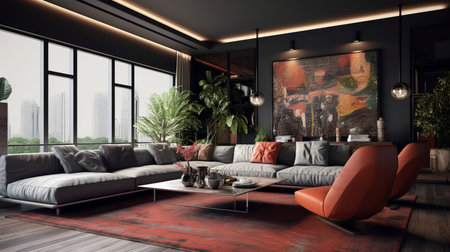 Interior of modern living room with black walls, wooden floor, red sofa and coffee table. 3d rendering.の素材
