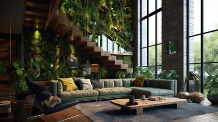 Modern living room interior design with green sofa 3d rendering image.の素材