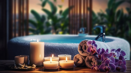 Spa composition with candles, towels, orchid flowers and massage stones on wooden table.の素材