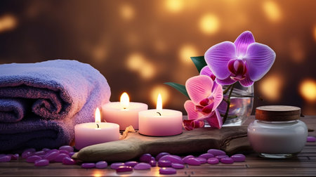 Spa still life with orchids and candles on wooden background.の素材