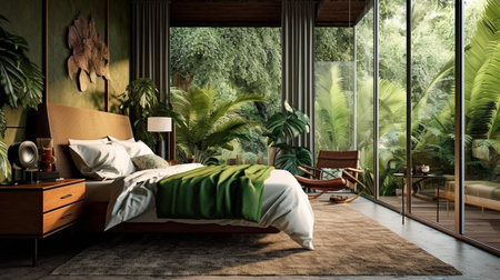 3d rendering of a modern bedroom interior design with tropical plants.Eco friendly living room with natural light,sustainable furnishings concept.の素材
