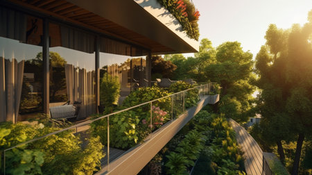 View of the balcony of a modern villa with a beautiful landscaped garden.The tropical garden on the balcony reduces global warming concept.の素材