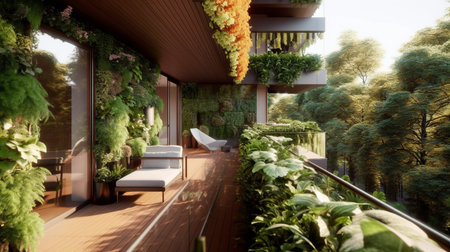 Outdoor terrace with a view of the garden. 3d rendering.Balcony gardens help purify the air and prevent PM 2.5 pollution concept.の素材