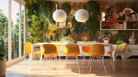 Interior of modern dining room with decorative plants. 3d rendering.Eco friendly dining room with natural light,sustainable furnishings concept.の素材