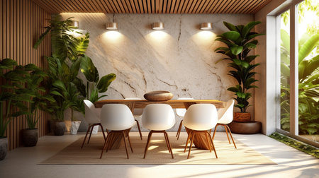 Interior of modern dining room with wooden walls, concrete floor, wooden table and white chairs.
Potted plants help purify the air and prevent PM 2.5 pollution concept.の素材