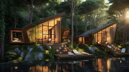 3d rendering of modern cozy house with pool for sale or rent in beautiful tropical forest at sunset.Tropical plants reduces global warming concept.の素材