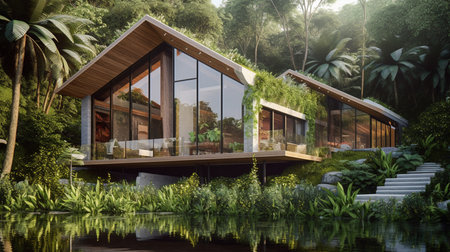 3d rendering of a modern cozy house with pool for sale or rent in a beautiful tropical garden.Tropical plants reduces global warming concept.の素材