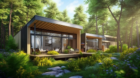 3d rendering of a modern cottage for sale or rent in a beautiful forest.Bright summer day with blue sky.Tropical plants reduces global warming concept.の素材