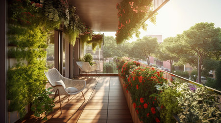 3d rendering of beautiful terrace with flowers in the morning.
Potted plants help purify the air and prevent PM 2.5 pollution concept.の素材