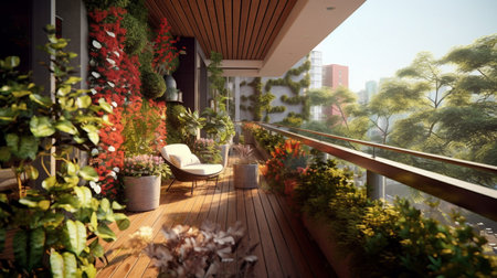 3d rendering of outdoor terrace with a view of the city.The tropical garden on the balcony reduces global warming concept.の素材