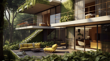 3d rendering of modern cozy house .Potted plants help purify the air and prevent PM 2.5 pollution concept.の素材