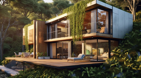 3d rendering of modern cozy house in luxurious style. Summer evening with cozy light from window.Tropical plants reduces global warming concept.の素材