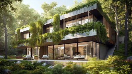 3D rendering  of modern house exterior with garden view.Tropical plants help purify the air and prevent PM 2.5 pollution concept.の素材