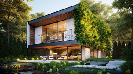 3d rendering of modern cozy house with beautiful landscaping on background.Clear sunny summer day with blue sky.
Tropical plants reduces global warming concept.の素材
