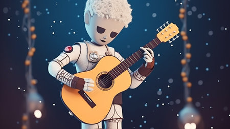 3D rendering of a male robot playing an acoustic guitar in a music festival.4th Industrial Revolution,AI learning concept.の素材