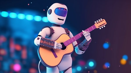 3d rendering of robot playing guitar. Futuristic technology concept.4th Industrial Revolution,AI learning concept.の素材