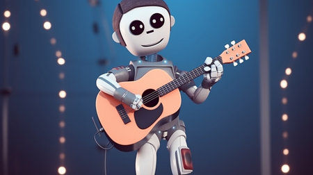 3d render of robot playing guitar on blue background.4th Industrial Revolution,AI learning concept.の素材