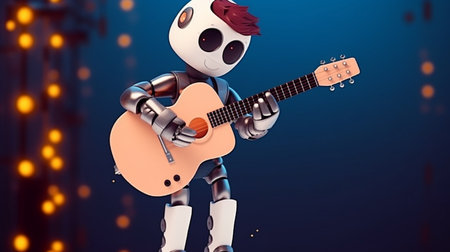 3d rendering of robot playing the guitar on a dark background.4th Industrial Revolution,AI learning concept.の素材