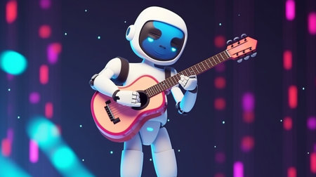 3d rendering of a white robot playing a guitar on a colorful background.4th Industrial Revolution,AI learning concept.の素材