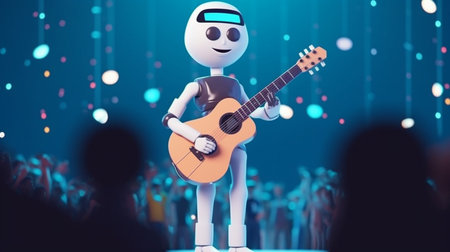 3d rendering of robot playing guitar and singing in front of crowd.4th Industrial Revolution,AI learning concept.の素材