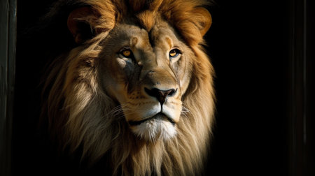Portrait of a male lion isolated on black background in the wild.
Close-up portrait of lion in the wild.の素材