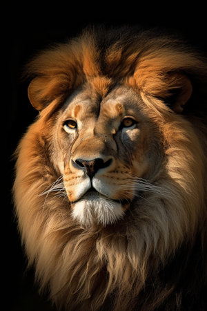 Portrait of a male lion isolated on black background.
Close-up portrait of lion in the wild.の素材