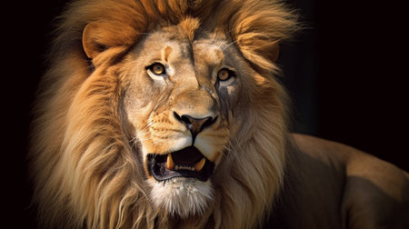Close up of a male lion, Panthera leo, isolated on black background.の素材