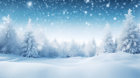 3D rendering of winter landscape with snow covered fir trees and blue sky with falling snowflakes. 
Merry Christmas Concept.Decoration Christmas Concept.
Christmas background.の素材