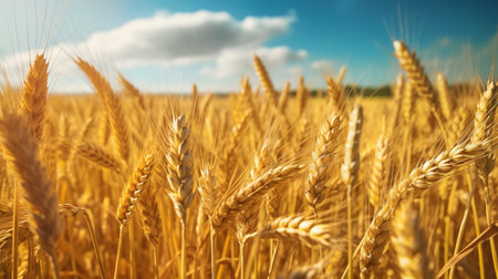 Golden wheat field close up.Organic farming concept.
Ripegolden organic wheat stalk field against blue sky.の素材