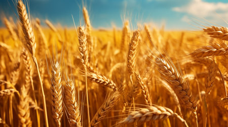 Golden wheat field close up.Organic farming concept.
Ripegolden organic wheat stalk field against blue sky.の素材