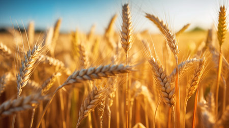 Ears of golden wheat close up.Organic farming concept.
Ripegolden organic wheat stalk field against blue sky.の素材
