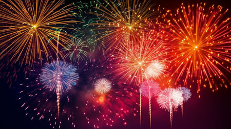 Colorful firework display for celebrate happy new year and merry christmas.
Fireworks light up the sky with dazzling display for celebration.の素材