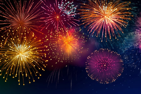 Fireworks summer sky background with space for your text. 
Colorful firework display for celebrate happy new year and merry christmas.の素材
