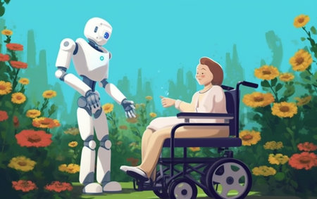A robotic nurse pushes an elderly woman in a wheelchair to tour the park.
The concept of using robots instead of human labor.Concept of artificial intelligence.の素材