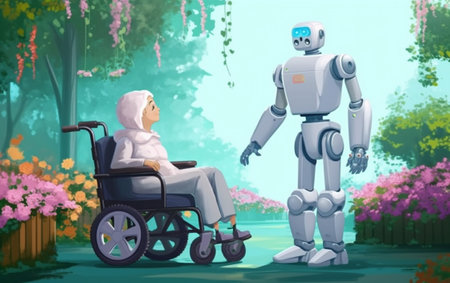 A robotic nurse pushes an elderly woman in a wheelchair to tour the park.
The concept of a hospital robot,robot take care of the elderly.Concept of artificial intelligence.の素材