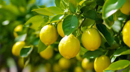 Healthy food concept,organic fruits and vegetables.
Lemon tree with yellow lemons on the branch in the garden,selective focus.の素材