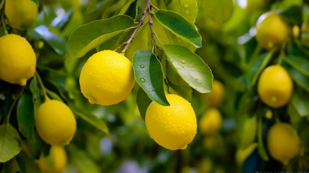Healthy food concept,organic fruits and vegetables.
Lemon tree with yellow lemons on the branch in the garden,selective focus.の素材