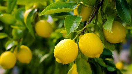 Healthy food concept,organic fruits and vegetables.
Lemon tree with yellow lemons on the branch in the garden,selective focus.の素材