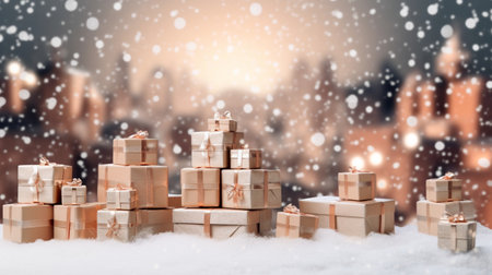Christmas gift boxes on snow with blurred city background.Concept of celebration,party and gift boxes backgrounds.の素材