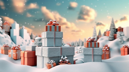 3d rendering christmas gift boxes on snow with blue sky background.Concept of celebration,party and gift boxes backgrounds.の素材