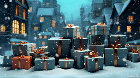 Gift boxes in snowy town. Christmas and New Year concept.の素材
