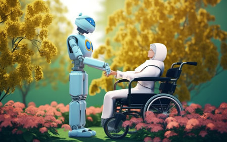 3d rendering of robot and patient on wheelchair in the park.The concept of a hospital robot,robot take care of the patient. Concept of artificial intelligence.の素材